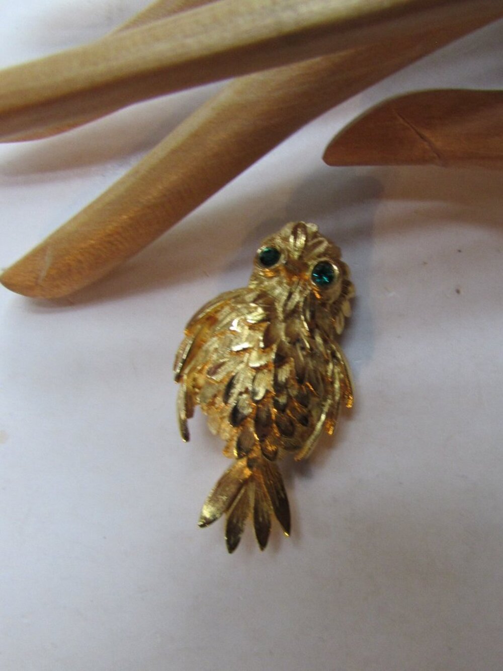 Owl Brooch Gold Tone Textured Body Green Eyes ACT II